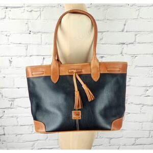 Dooney & Bourke Saffiano Tassel Bucket Tote Bag in black with tan trim